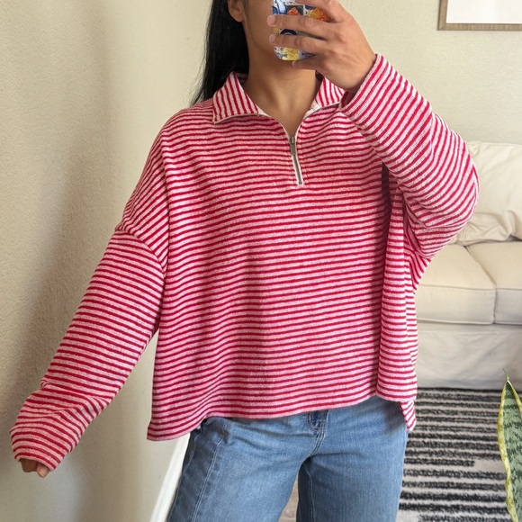 Splendid Red and White Striped Quarter Zip Top - Picture 1 of 9